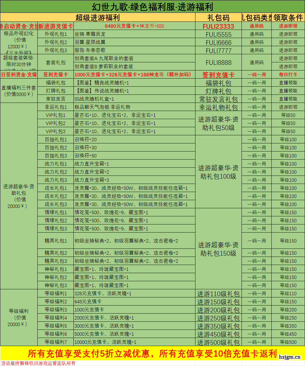 幻世九歌·绿色福利服·进游福利